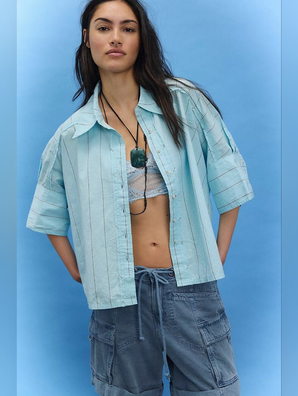 NWT WE THE FREE Seaside Cotton Stripe Shirt Color Sky Combo Size M